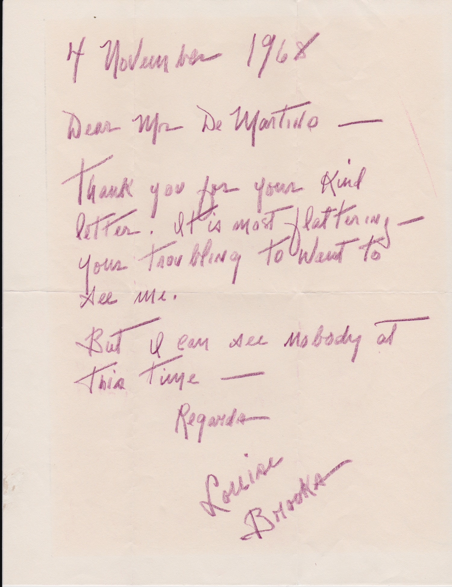1968 Letter from Louise Brooks to DeMartino