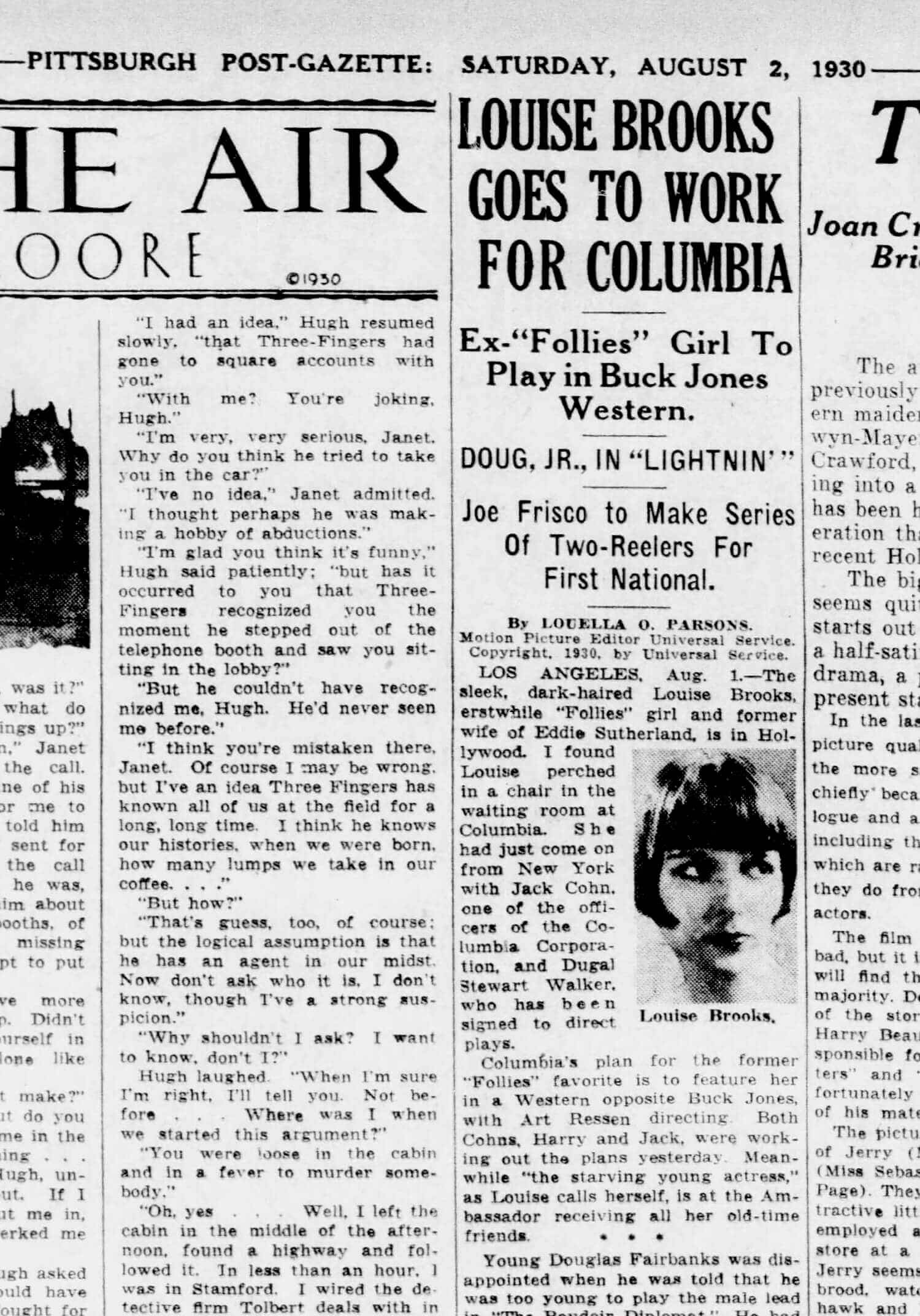 1930 Louise Brooks Goes To Work For Columbia - Louella Parsons Saturday, August 2