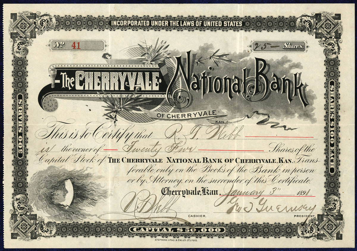 1891 Cherryville Kansas The Cherryvale National Bank Stock Certificate