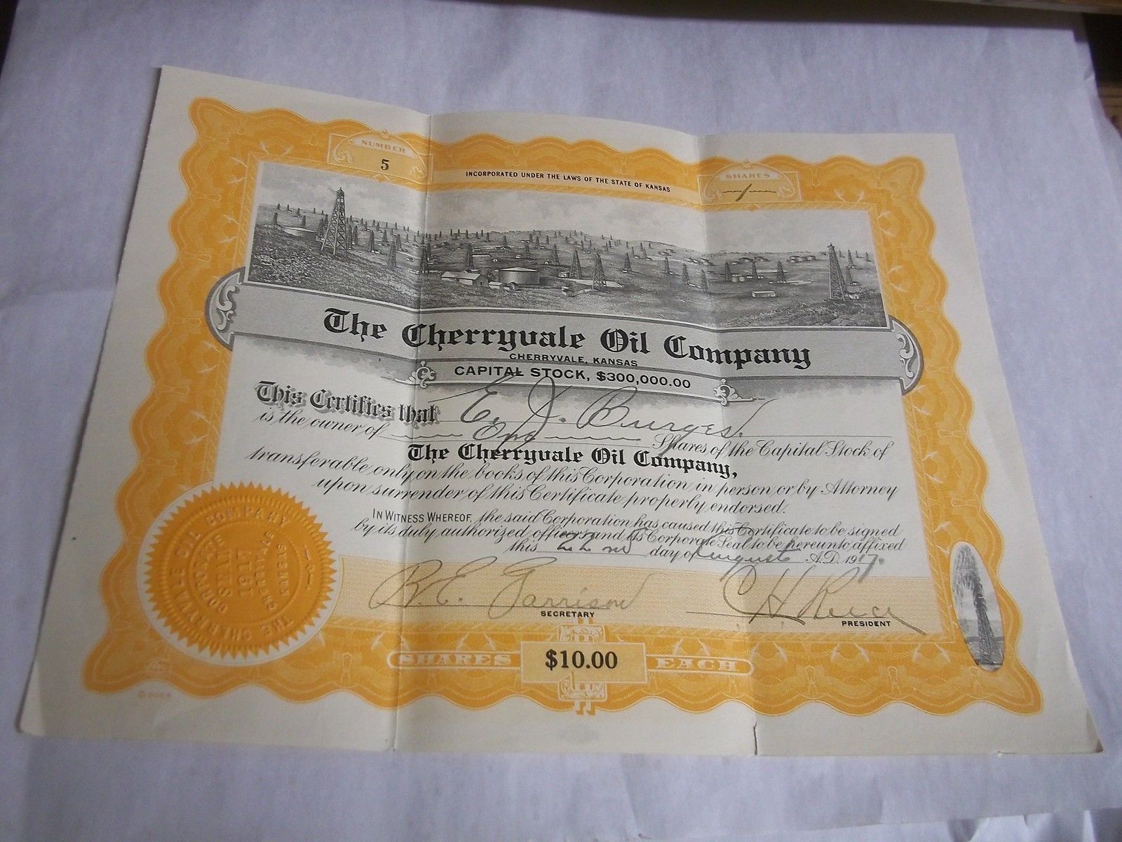 1917 Cherryvale Kansas Oil Company Stock Certificate