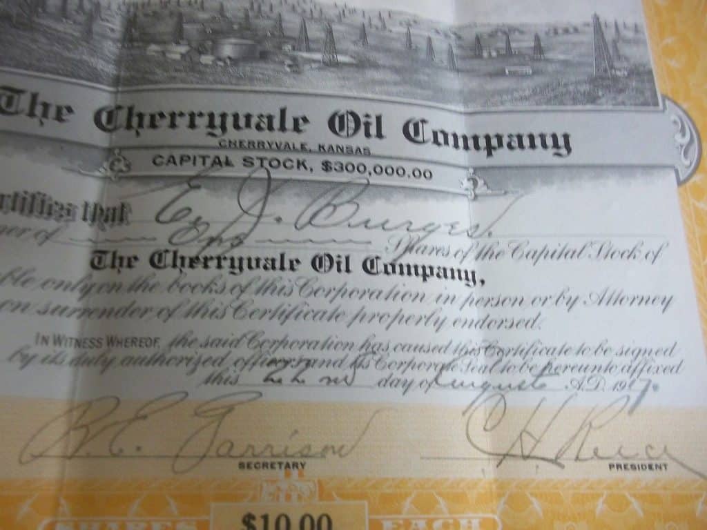 1917 Cherryvale Kansas Oil Company Stock Certificate b