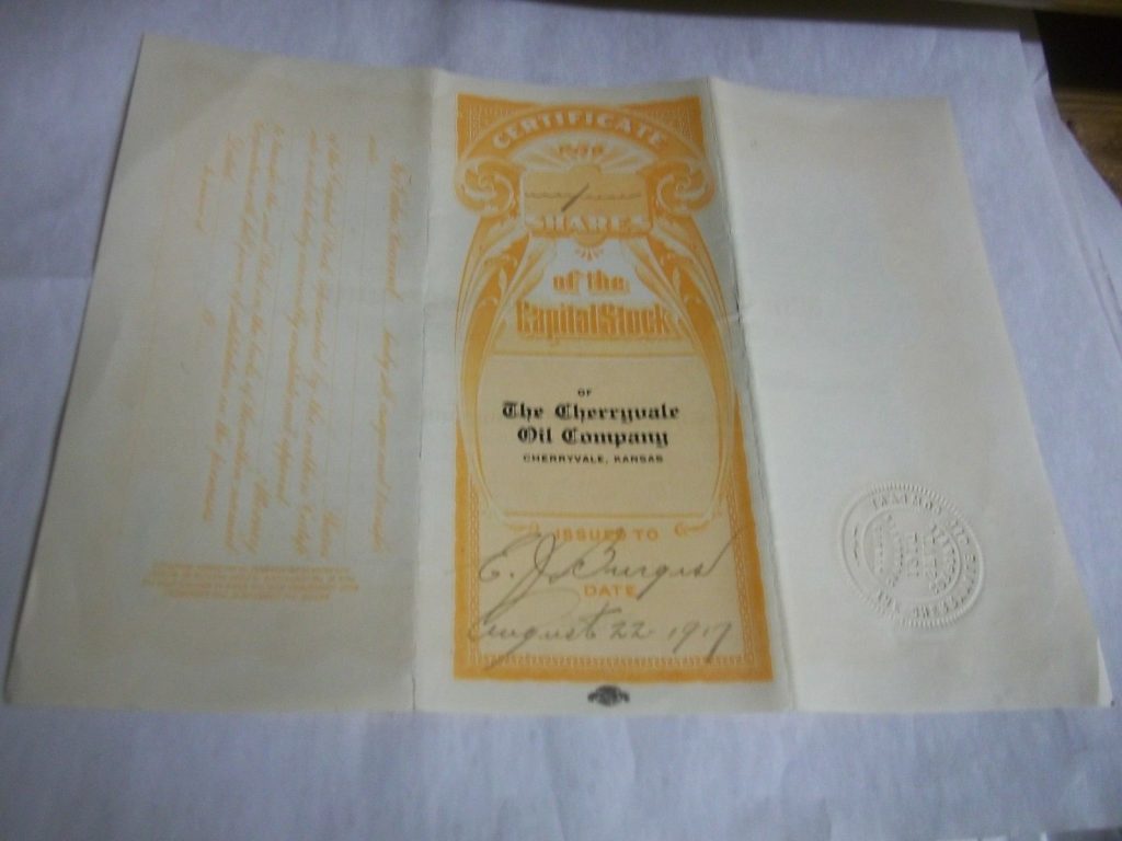 1917 Cherryvale Kansas Oil Company Stock Certificate d
