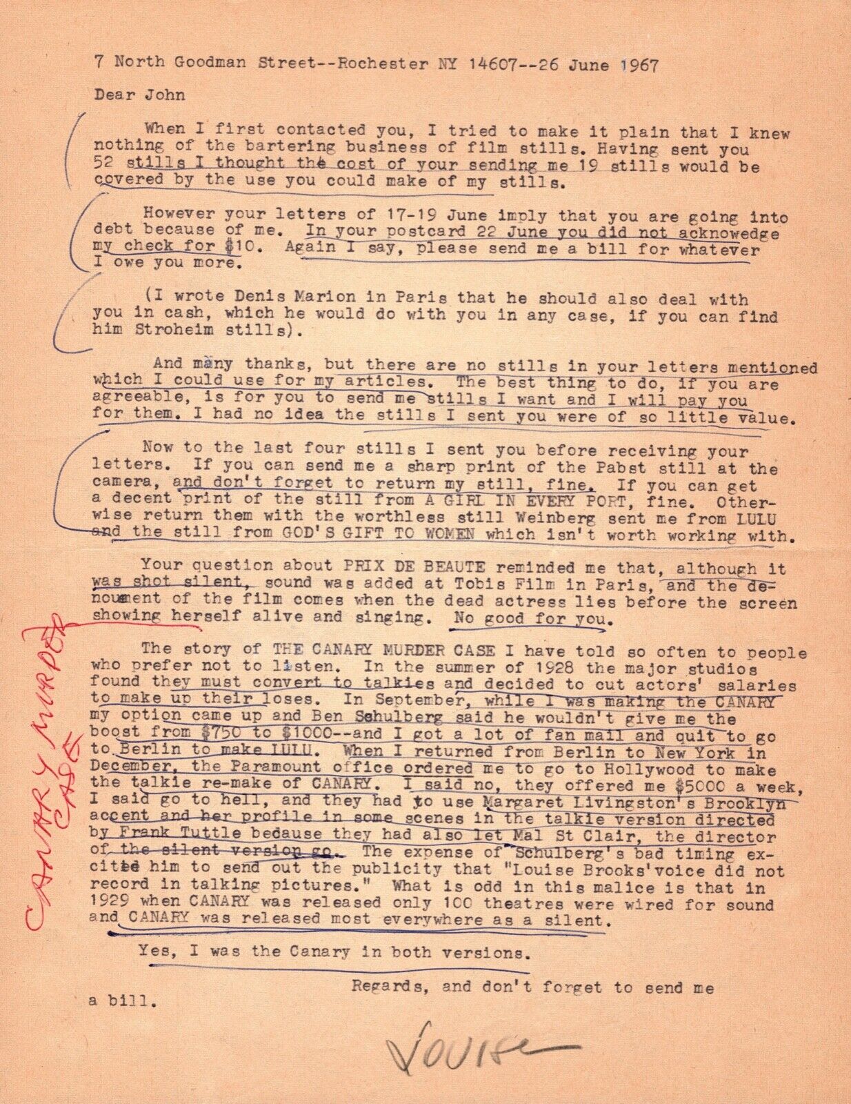 1967 Letter from Louise Brooks to John Hampton